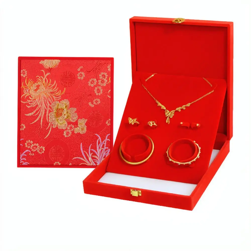 Traditional Chinese Wedding Jewelry Case Velvet Organizer Box For Gold Ornaments Storage Engagement Gift For Bride