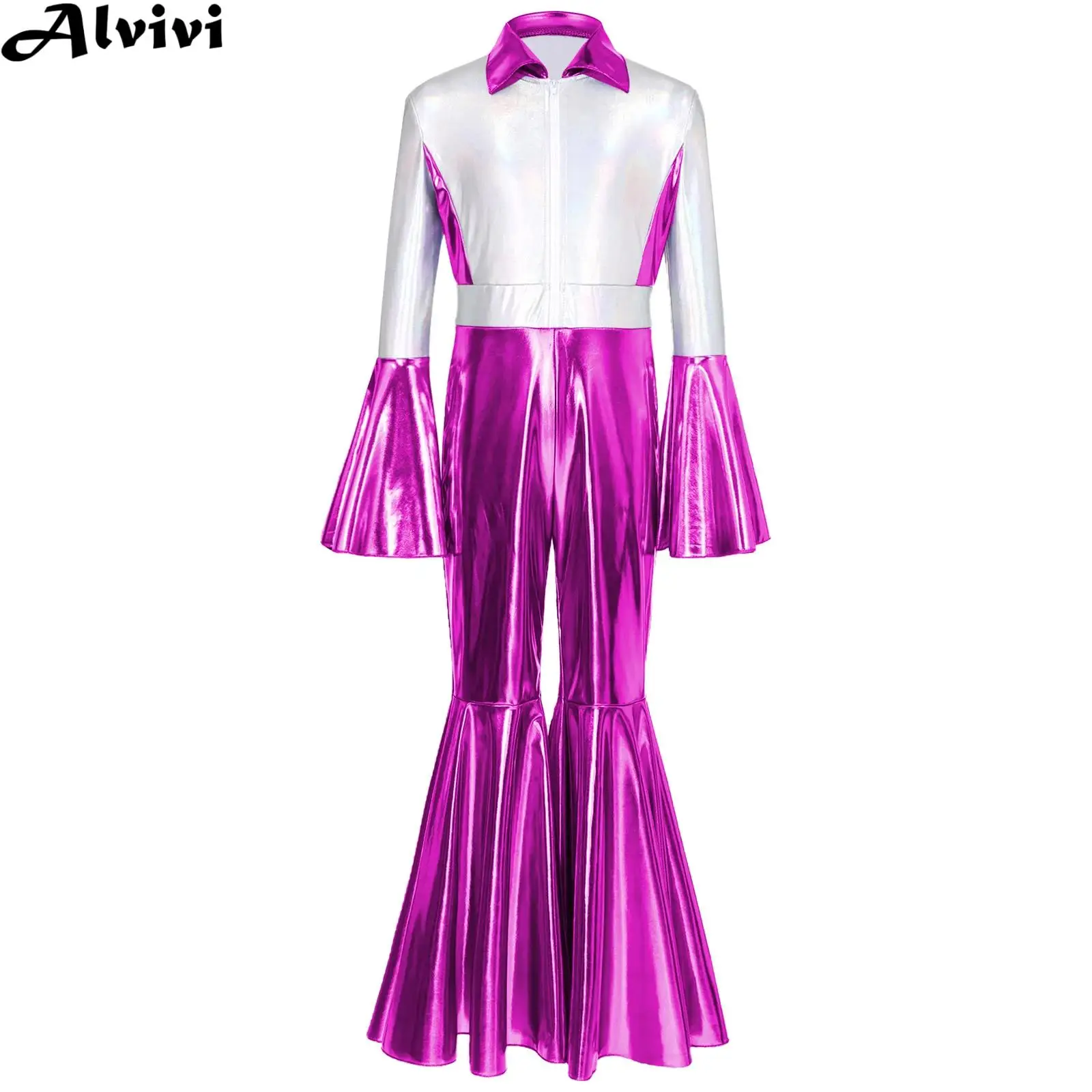 

Girls Flare Sleeve Metallic Shiny 70s Disco Dance Bell-bottom Jumpsuit Halloween Theme Party Carnival Hippie Cosplay Costume