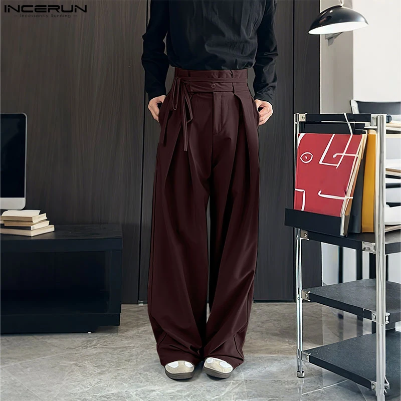 

INCERUN Men Pants Solid Color Button Joggers Loose Casual Wide Leg Trousers Men Streetwear 2025 Pleated Fashion Long Pants S-5XL