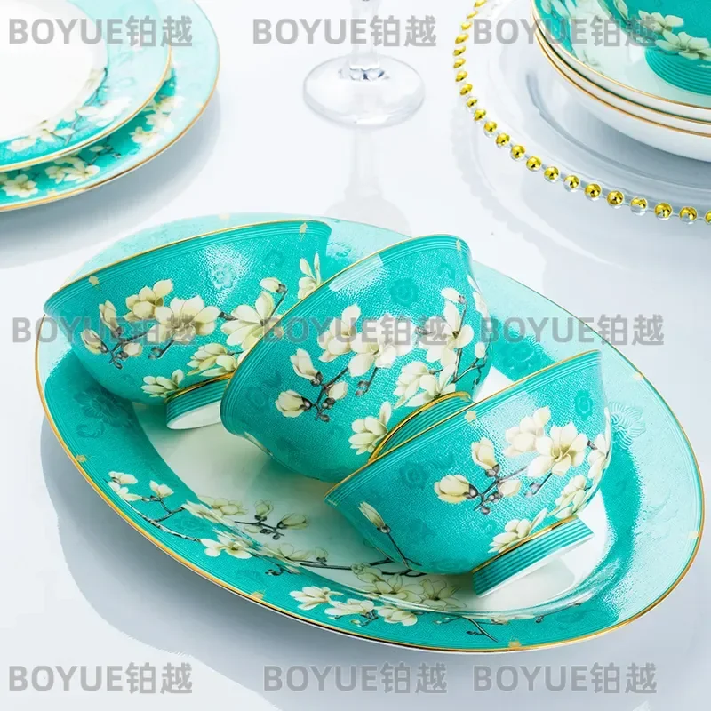 Jingdezhen Bone China Dinnerware Set Enamel Color Court Style Ceramic Plates Bowls Household Tableware Gift Combination