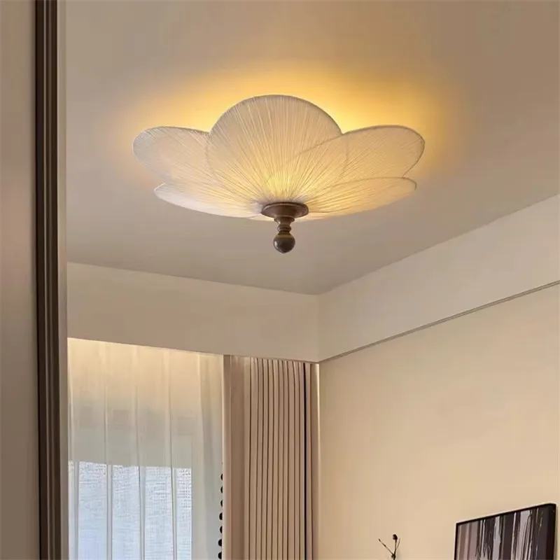 Medieval Pleated Fabric Flower ceiling lamp Retro Plum Blossom Lamp LED Solid Wood Lights Bedroom Living Room Balcony study room