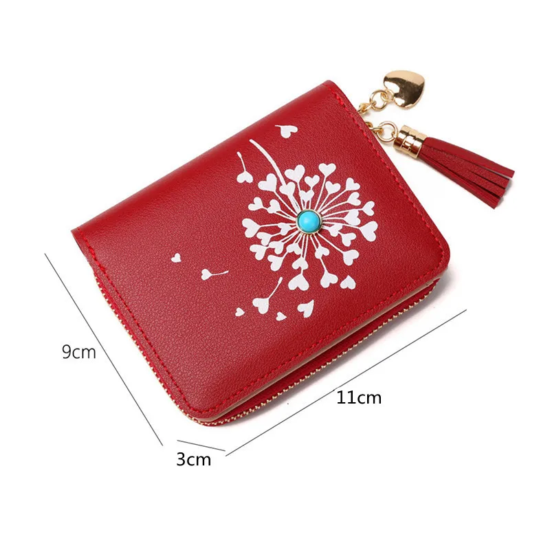 Women PU Leather Multi-card Wallet with Tassels Printing Fresh Short Card Holder Large Capacity Multifunctional Mini Handy Bag