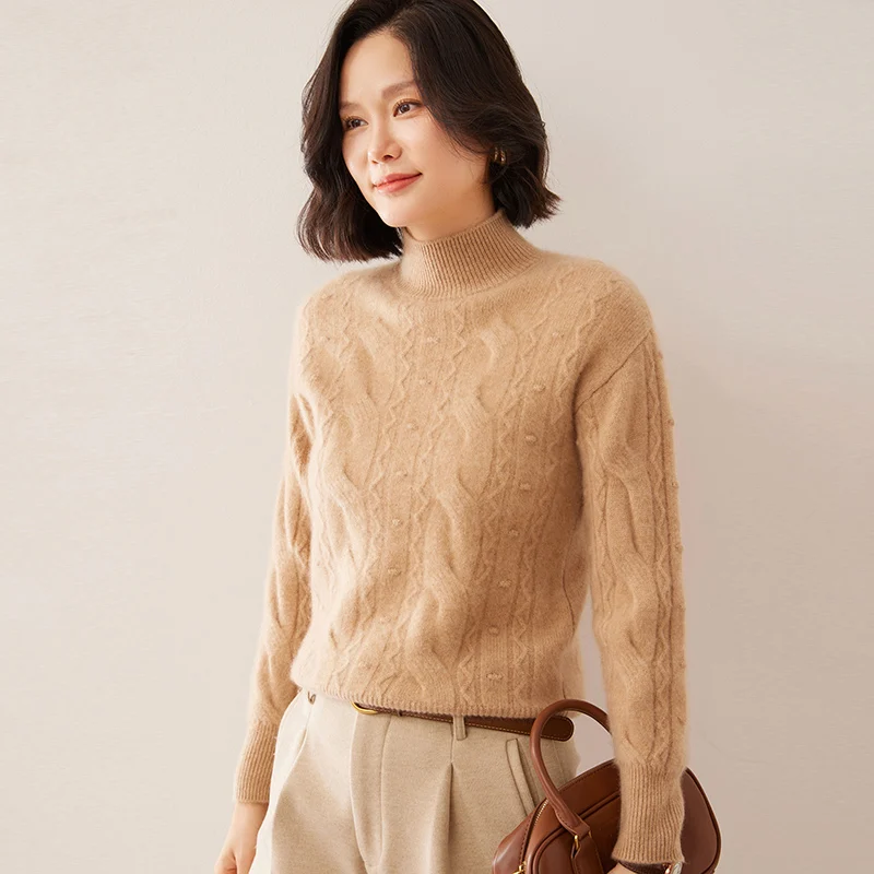 المرأة شبه عالية طوق 100% الكشمير محبوك سترة شتاء جديد سترة جاكار تويست الراقية بلوزات سميكة فضفاضة الكشمير قميص #3