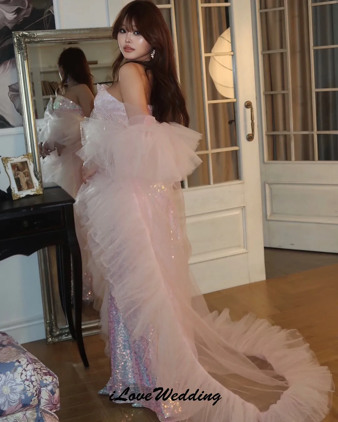 Robe de soirée de forme sirène rose, sans bretelles, à paillettes, robe de soirée de mariage pour femmes, à volants en Organza avec veste, personnalisée, 2025