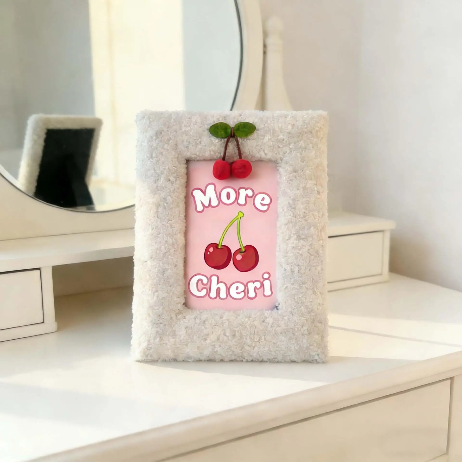 6-inch Brown And White Cherry Velvet Photo Frame, Density Board MDF Package, Teddy Fabric Art Photo Frame