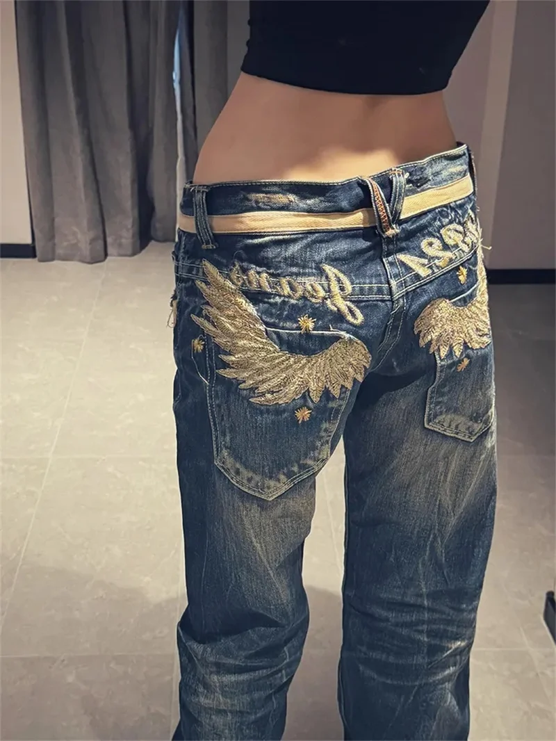 American Retro High Street Low Waist Embroidered Angel Wings Y2k Harajuku Street Slim Straight Leg Women's Micro Flared Jeans