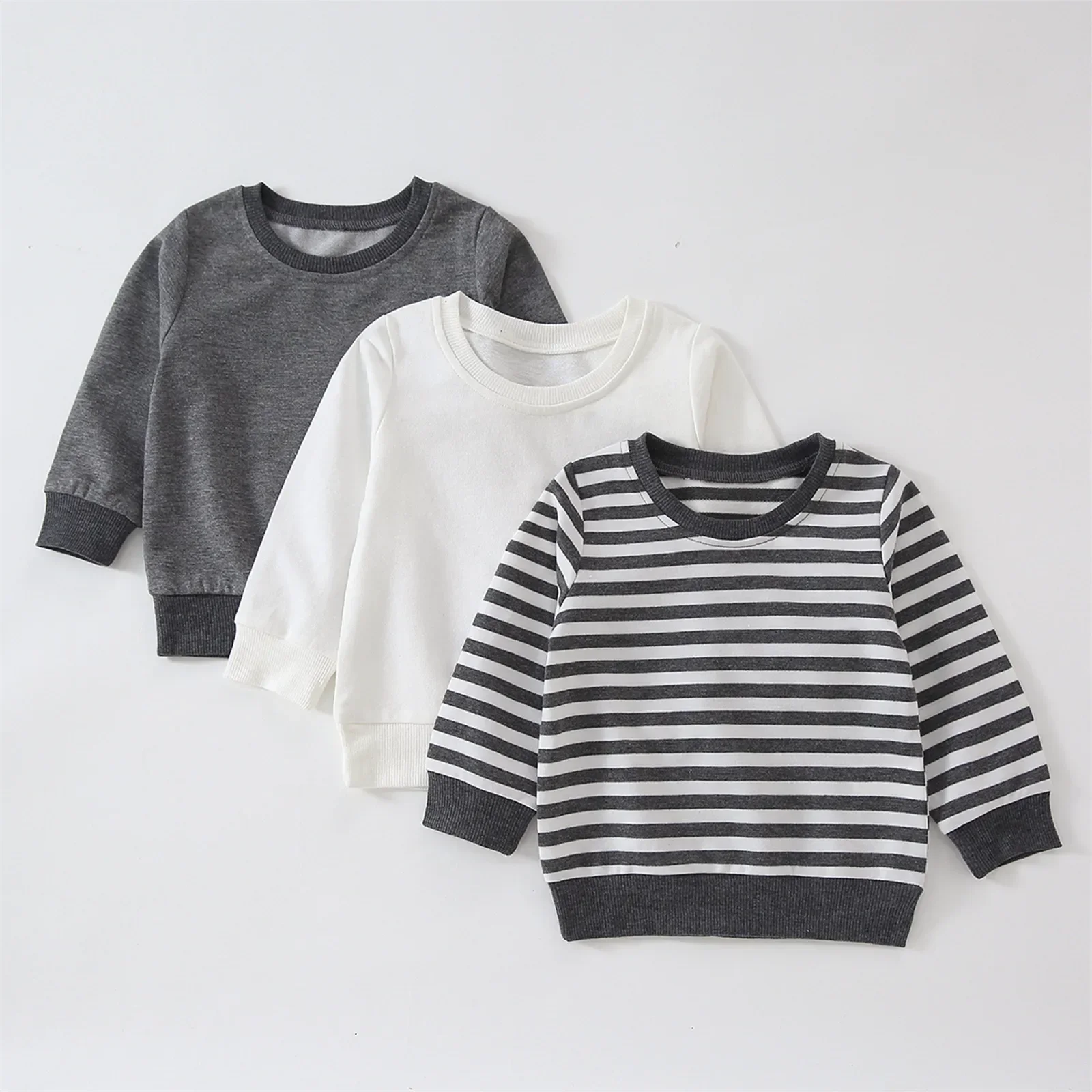 PatPat Baby Boy/Girl Solid/Striped Crewneck Long-sleeve Pullover Sweatshirt Soft and Comfortable  Perfect for Outings