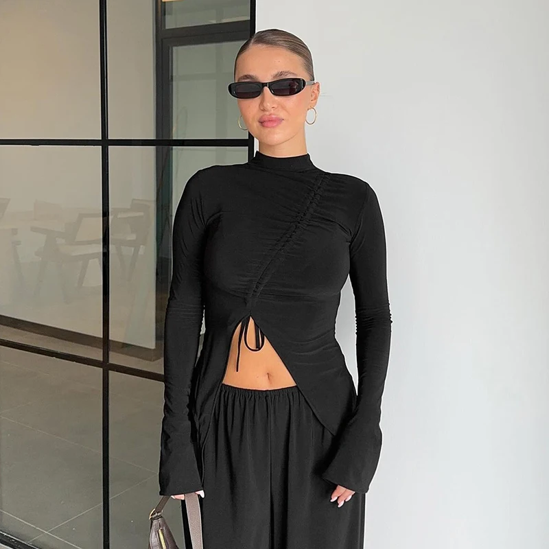 

Woman clothes fall 2024 Long sleeve T-shirt autumn Aesthetic elegant Turtleneck top Pleated drawstring asymmetric fashion blouse