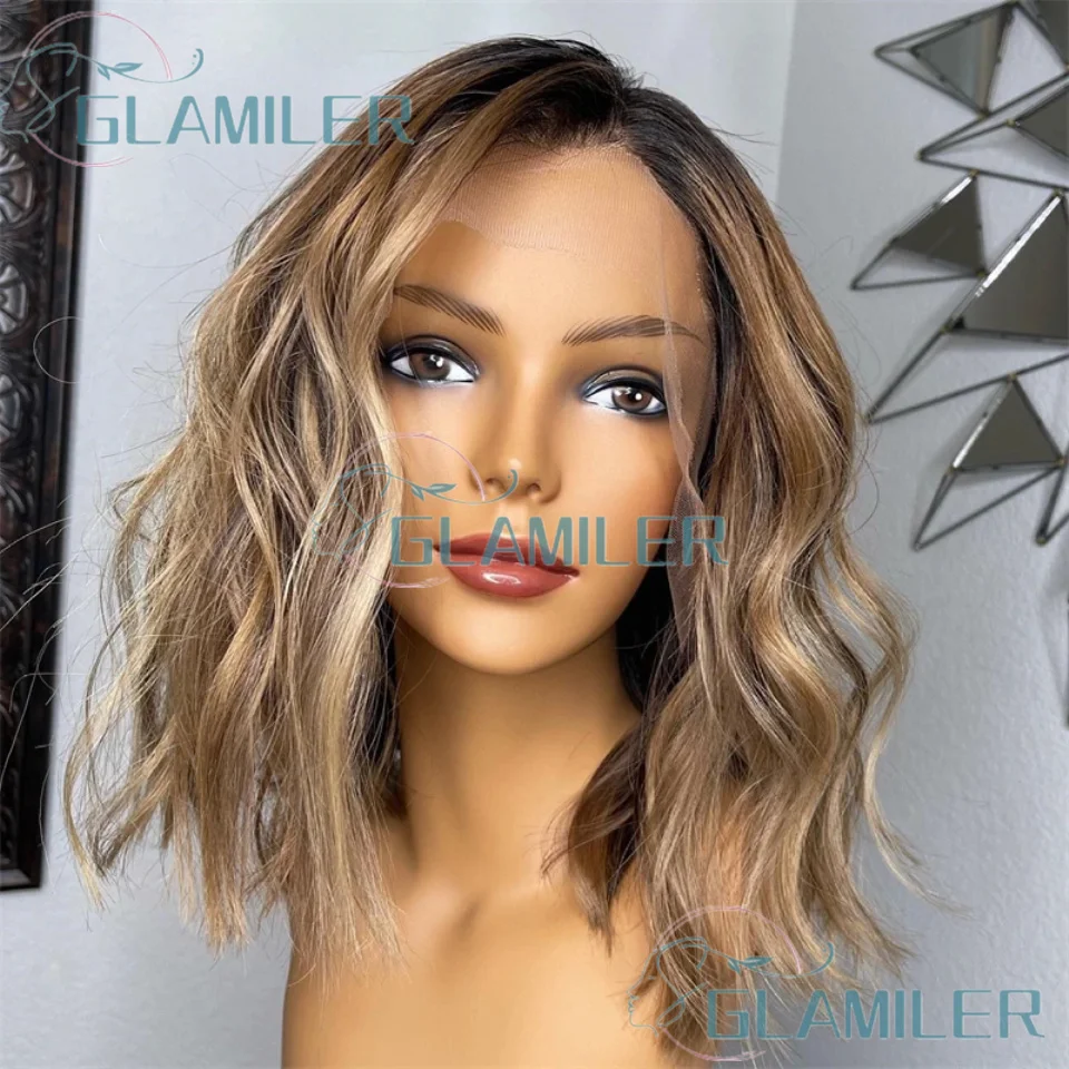 

Выделите Коричневый Блондин # 4/27 человеческие волосы, короткие волнистые 5x5, шелковые парики с застежкой сверху, левая часть 13x6/360, кружевной фронтальный парик из человеческих волос