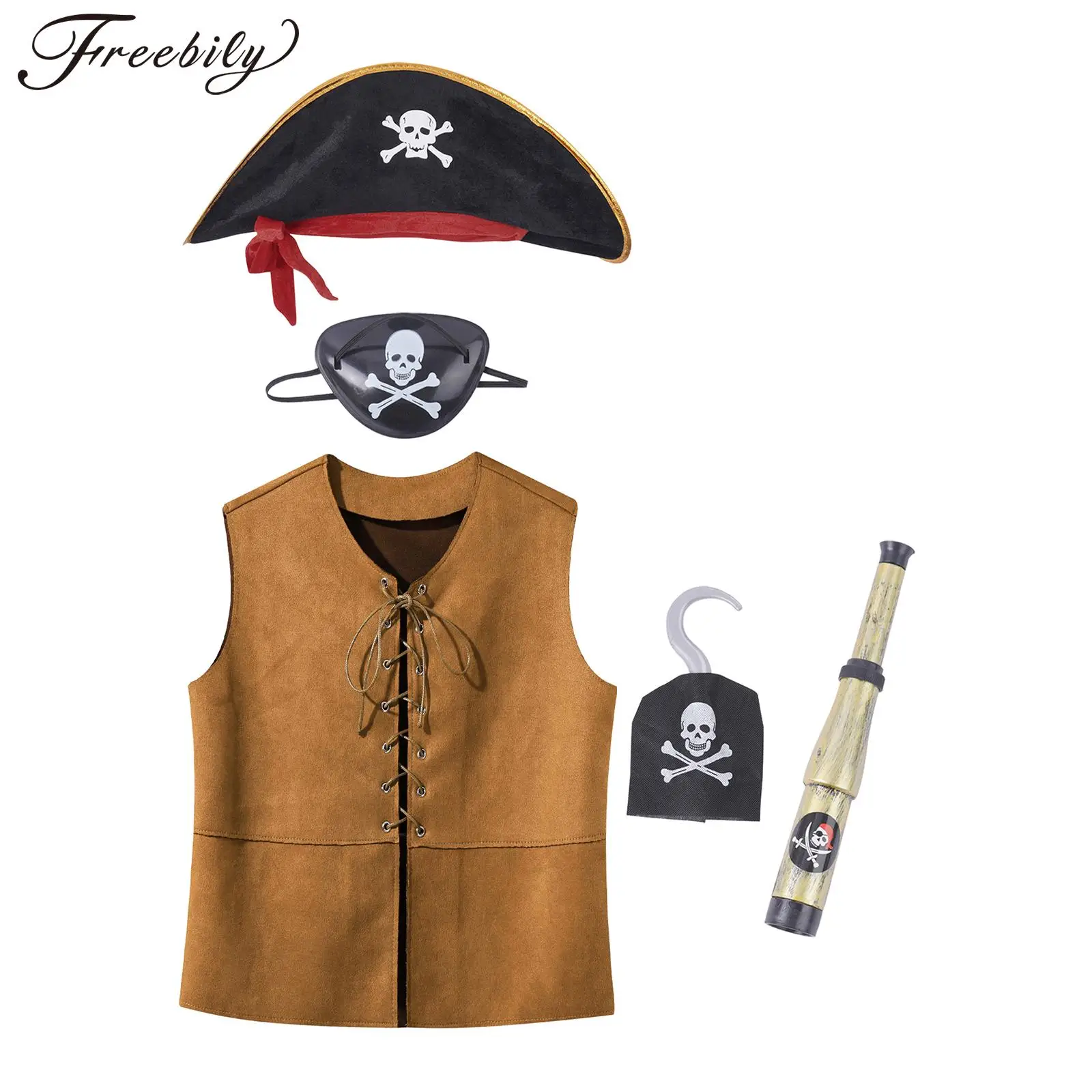 Kids Halloween Pirate Cosplay Costume Retro Lace-up Vest Waistcoat with Hat Blindfold Telescope Hook for Theme Party Performance