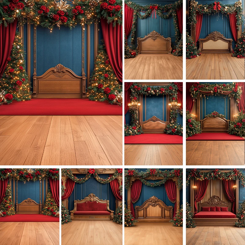 

LS Xmas Red Headboard Backdrops Kids Family Photography Child Adult Photocall Decors Christmas Trees Red Curtain Backgrounds