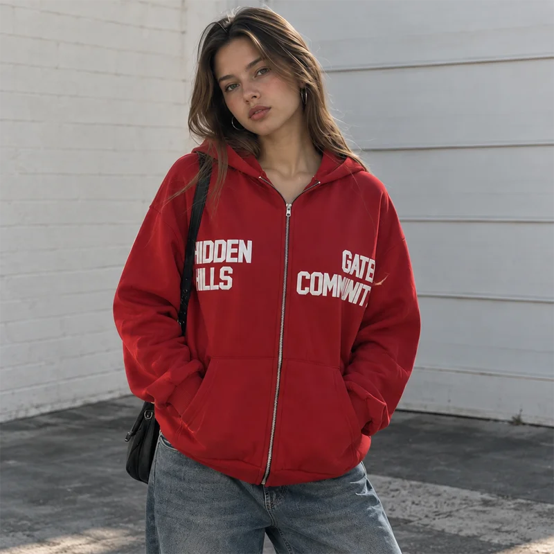 Damen-Kapuzenpullover mit Reißverschluss, Buchstabenmuster, lange Ärmel, Oversize-Sweatshirt, lässige Y2K-Streetwear-Jacke, schwarzes und rotes Kapuzentop für Damen. – Detail 3