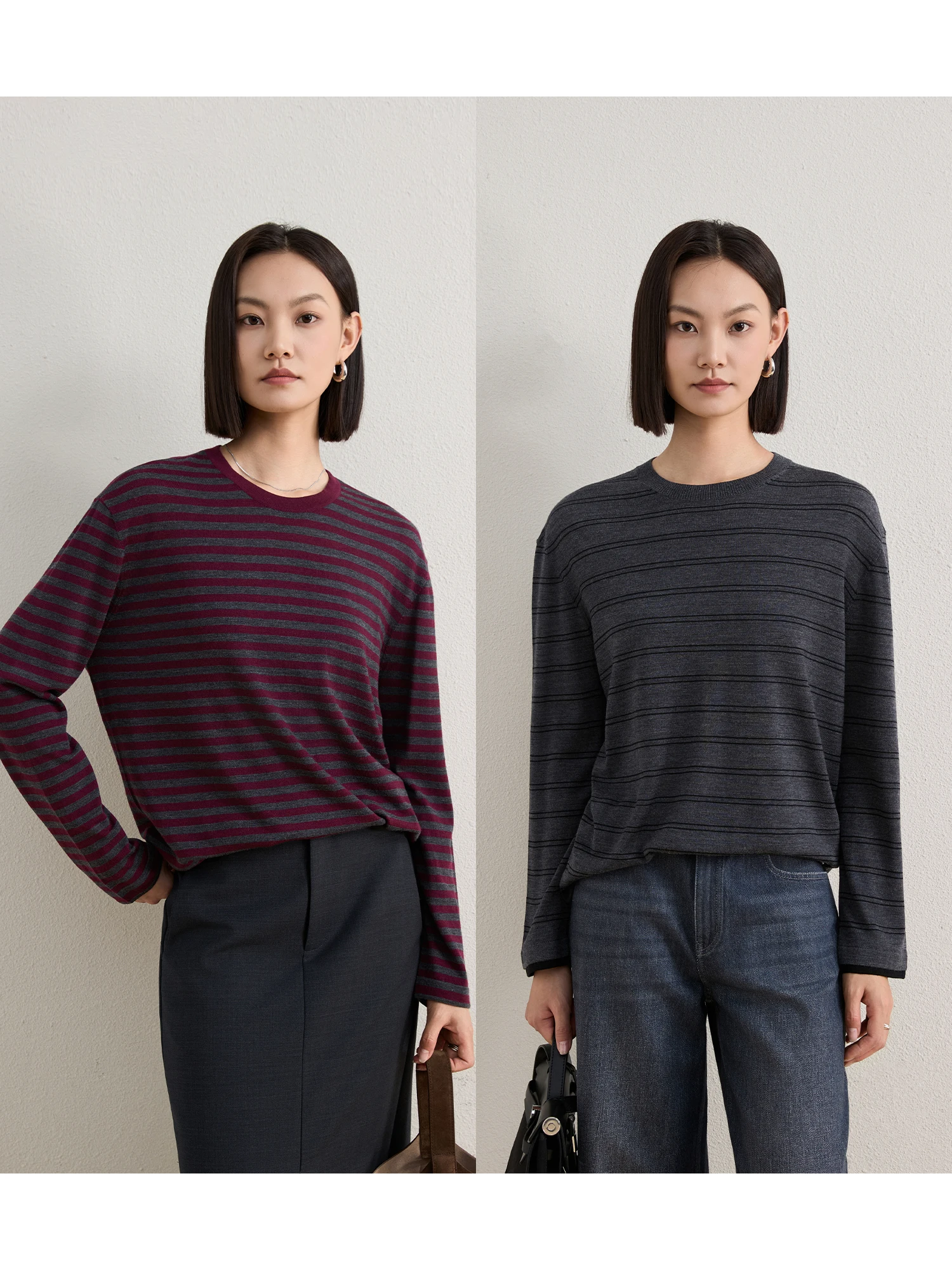 

ChangDX High Densi Fine Wool Knitted Sweater Striped Loose Fit Soft Breathable Women's round Ne Long Sve Camere Sweater