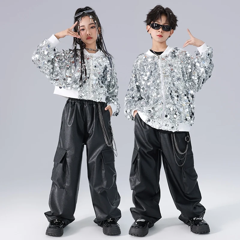 

Children'S Street Dance Costume Sequin Sliver Tops Black Loose Pants Suit For Girls Hip Hop Dance Jazz Performance Wear DQS17755