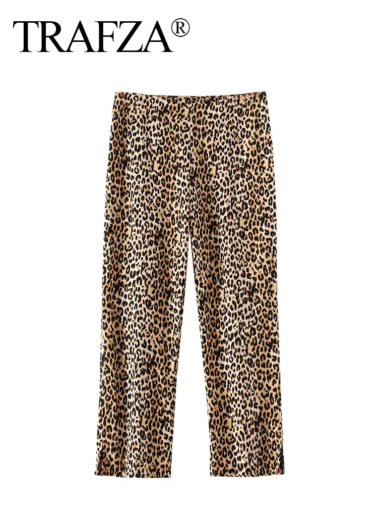 TRAFZA Leopard Print Pant For Women Vintage Casual Straight Pants Side Zipper Fly Trousers 2024 Female Fashion Streetwear Pant