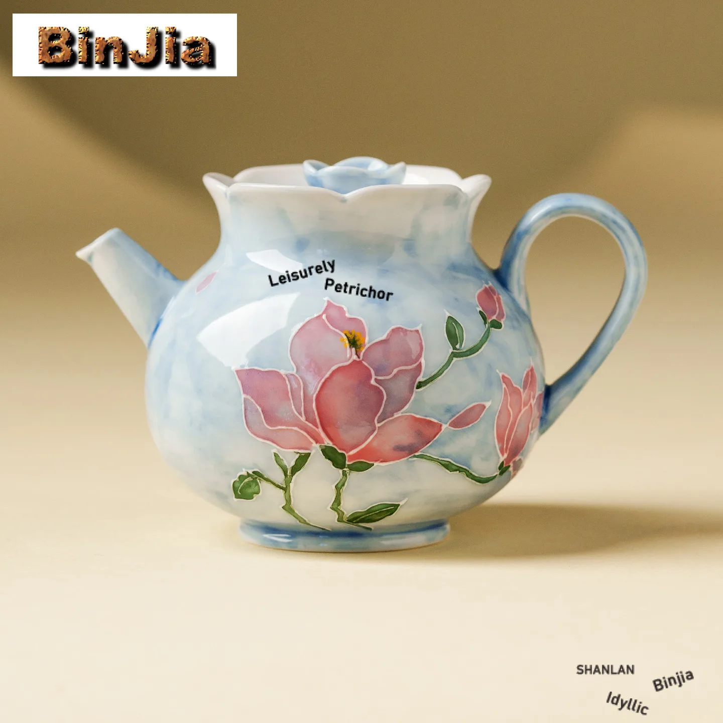 170ml Mist Blue Hand Painted Magnolia Teapot Elegant Tea Infuser Pot Tea Making Kettle With Ball Hole Teaware Decoration Craft