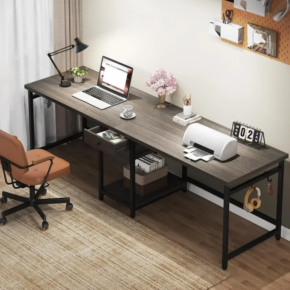 79 Inch Extra Long Desk, Double Desk with 2 Drawers, Two Person Desk Long Computer Desk with Storage Shelves, Writing