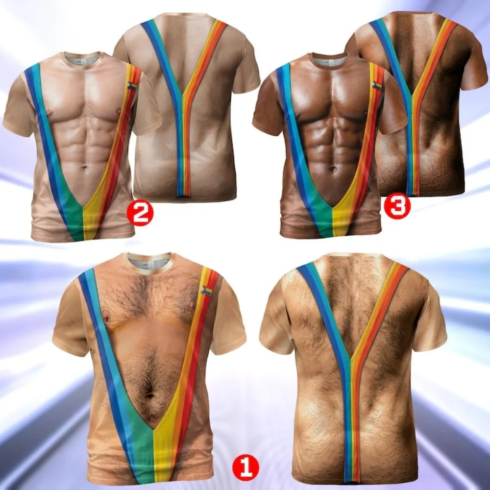 Men's muscular chest harness tank top, LGBT flag-themed T-shirt, hairy body print T-shirt, Pride festival party outfit or gift