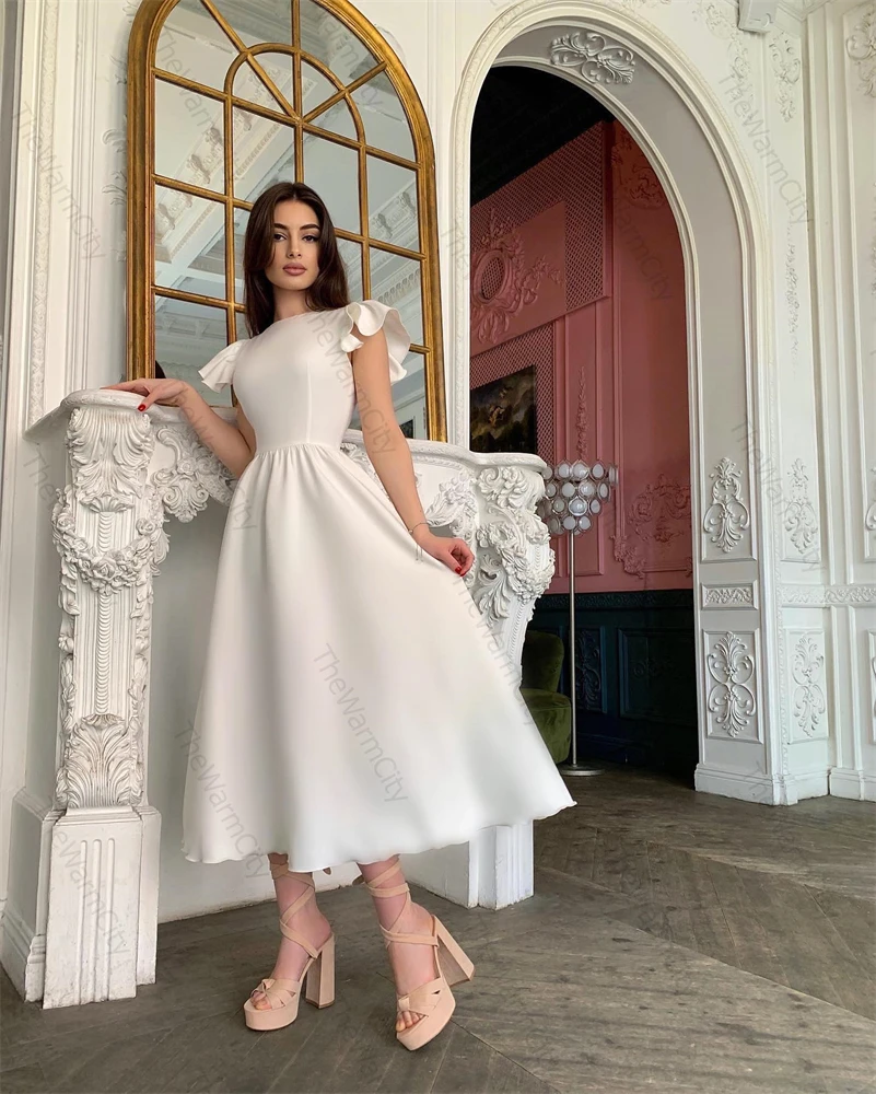 Noble Popular White A-Line O Neckline  Prom Dress Tea Length With Short Sleeves Evening Summer Party Dress For Women2023