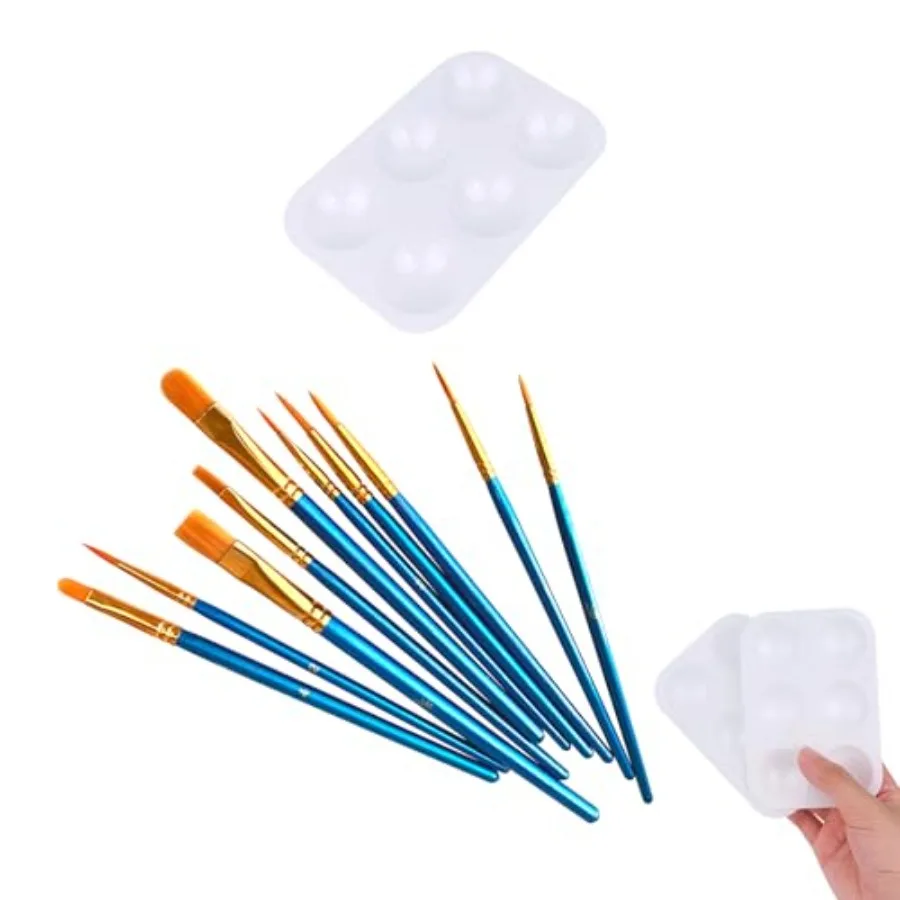 

Paint Brush and Paint Tray Palette Set, 10 PCS Nylon Hair Brushes and 1 Pack 6 Well Plastic Paint Palette