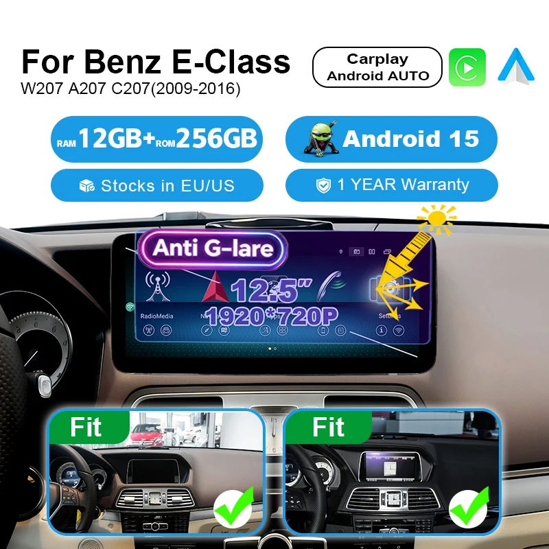 Android 15 Carplay Android AUTO Screen For Mercedes Benz E Class C207 W207 A207 2009-2016 NTG 4.0 4.5 5.0  with Android auto 8 Core Car Radio 1920*720P Screen Stereo Bluetooth Autoradio Navigation Multimedia Player 2 DIN