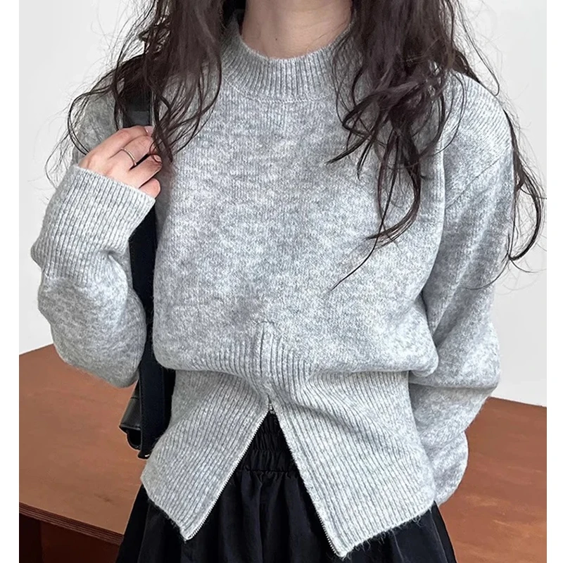 

New Split Round Neck Zipper Loose Long Sleeved Knitted Sweater Solid Color Jumper Sueter Mujer Grey Tops Pull Femme Vintage