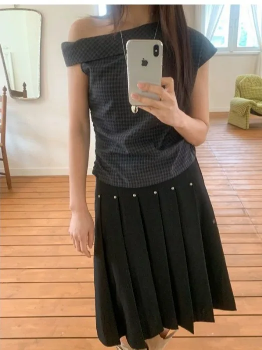 

Chic Plaid One Shoulder Short Shirt Women's Summer Design Sensation Waist Cinch Pleated Korean Style Skin Friendly Breathable