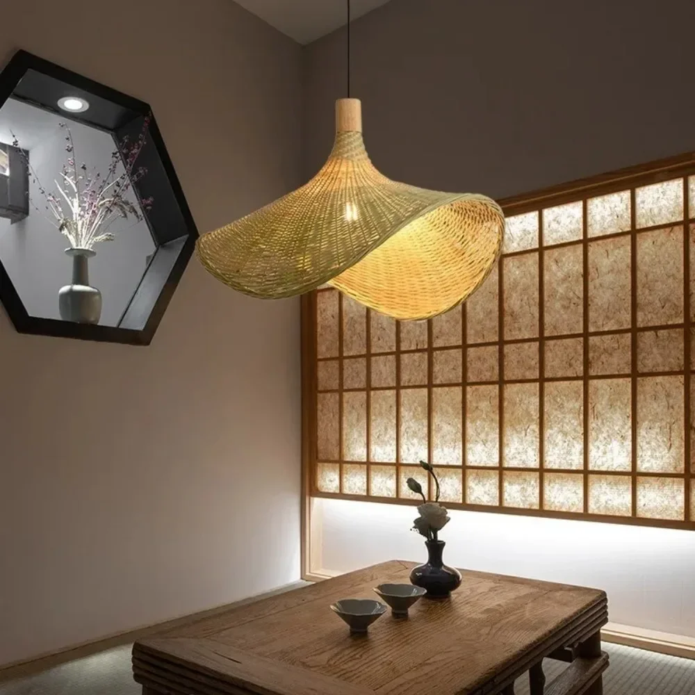 

Bamboo Woven Chandelier New Chinese Tea Room Rattan Lighting Fixtures Straw Hat Lamp Staircase Bamboo Art Lamp