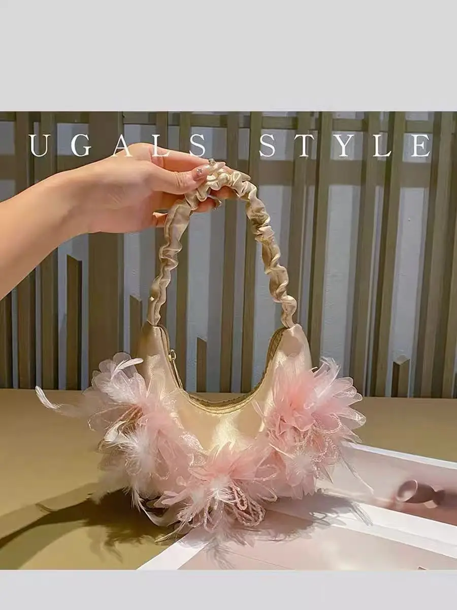 

Fashion Ostrich Hair Women Handbag Luxury Satin Solid Floral Appliques Evening Bag Wedding Party Clutch Purse Shoulder Bag