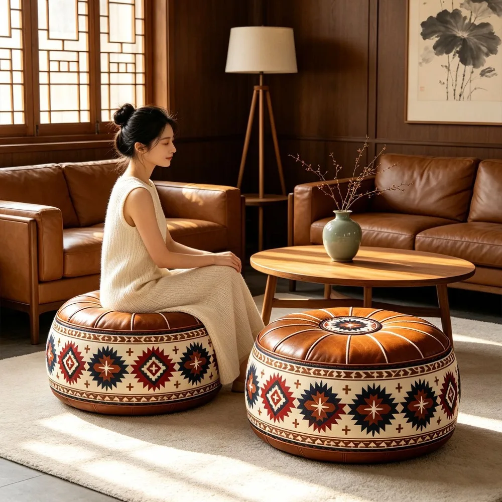 Boho Style Sofa Stool Cover Unstuffed Waterproof Round Footstool Cover Large Capacity PU Leather Storage Ottoman Leisure