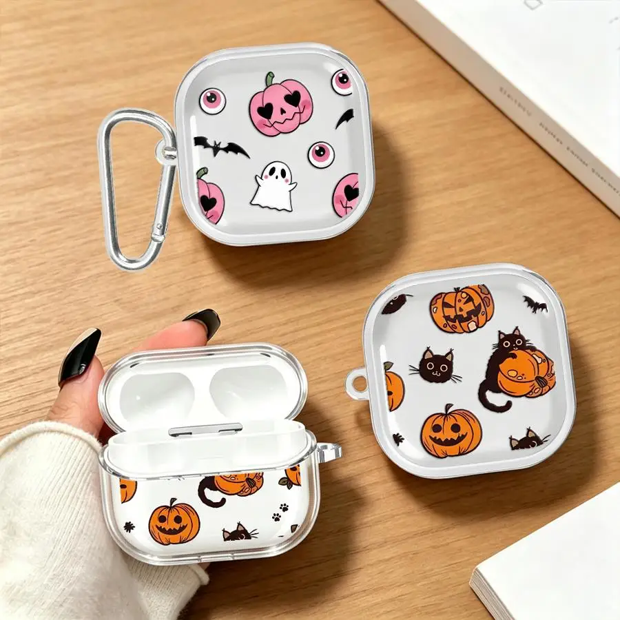 Halloween Pumpkin Cat Case For Samsung Galaxy Buds 4Pro 4 Pro Live 3Pro 2Pro 3 FE 2 Clear Earphone Cases Cover With Hook