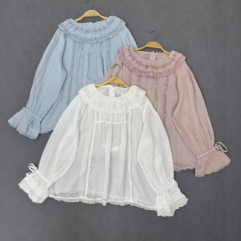 

Johnature French Ruffle Collar Long Sleeve Shirt Women Summer 2025 New Lace Casual Thin Solid Color Japanese Ramie Women Blouses