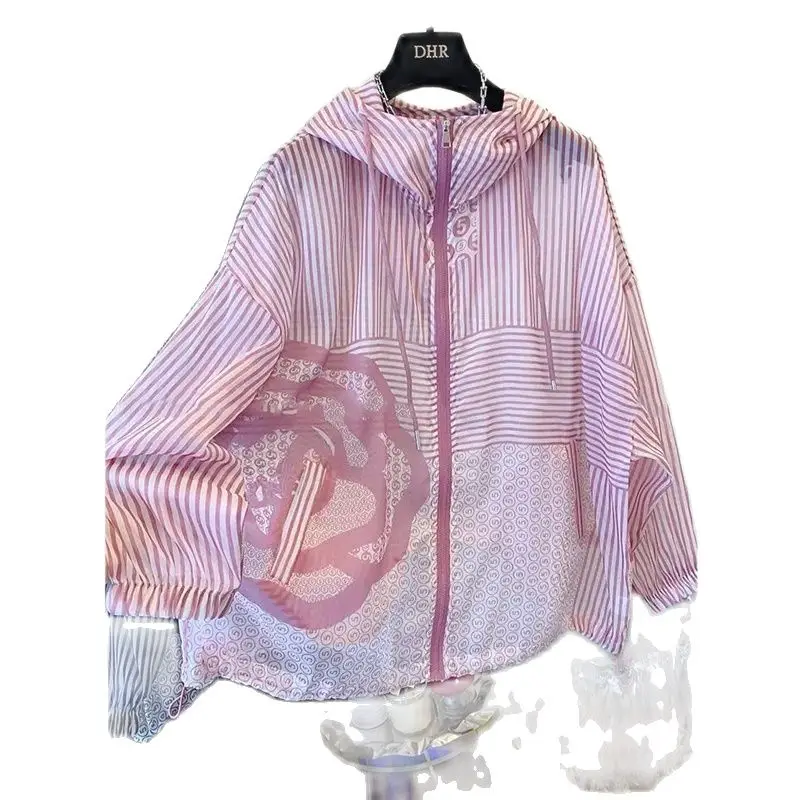 Camisa fina con capucha para mujer, Tops informales holgados a la moda, chaqueta con cremallera y estampado a rayas, primavera y verano, 2024