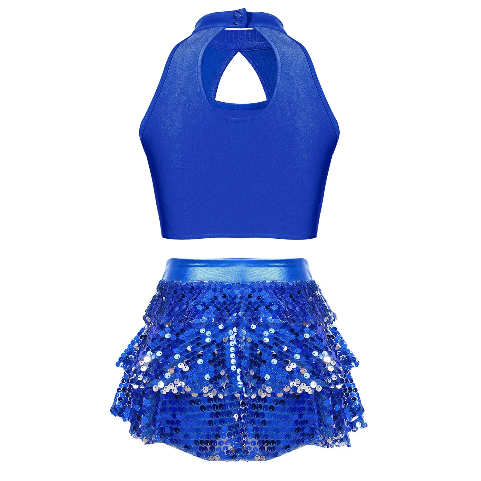 Big Girls Modern Jazz Latin Ballet Dance Costume Outfit Shiny Sequined Crop Top with Tiered Ruffle Skirted Shorts Dancewear Sets