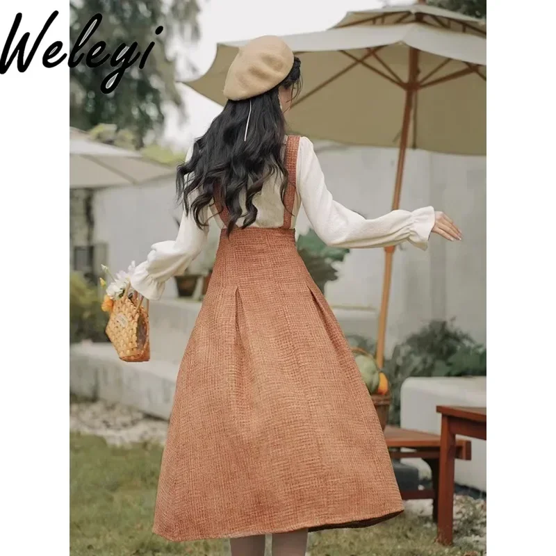 Autumn 2 Piece Sets Women's Outfits High-end Sweet Temperament College Style Mid-length Strap Dress and Women Casual Inner Shirt