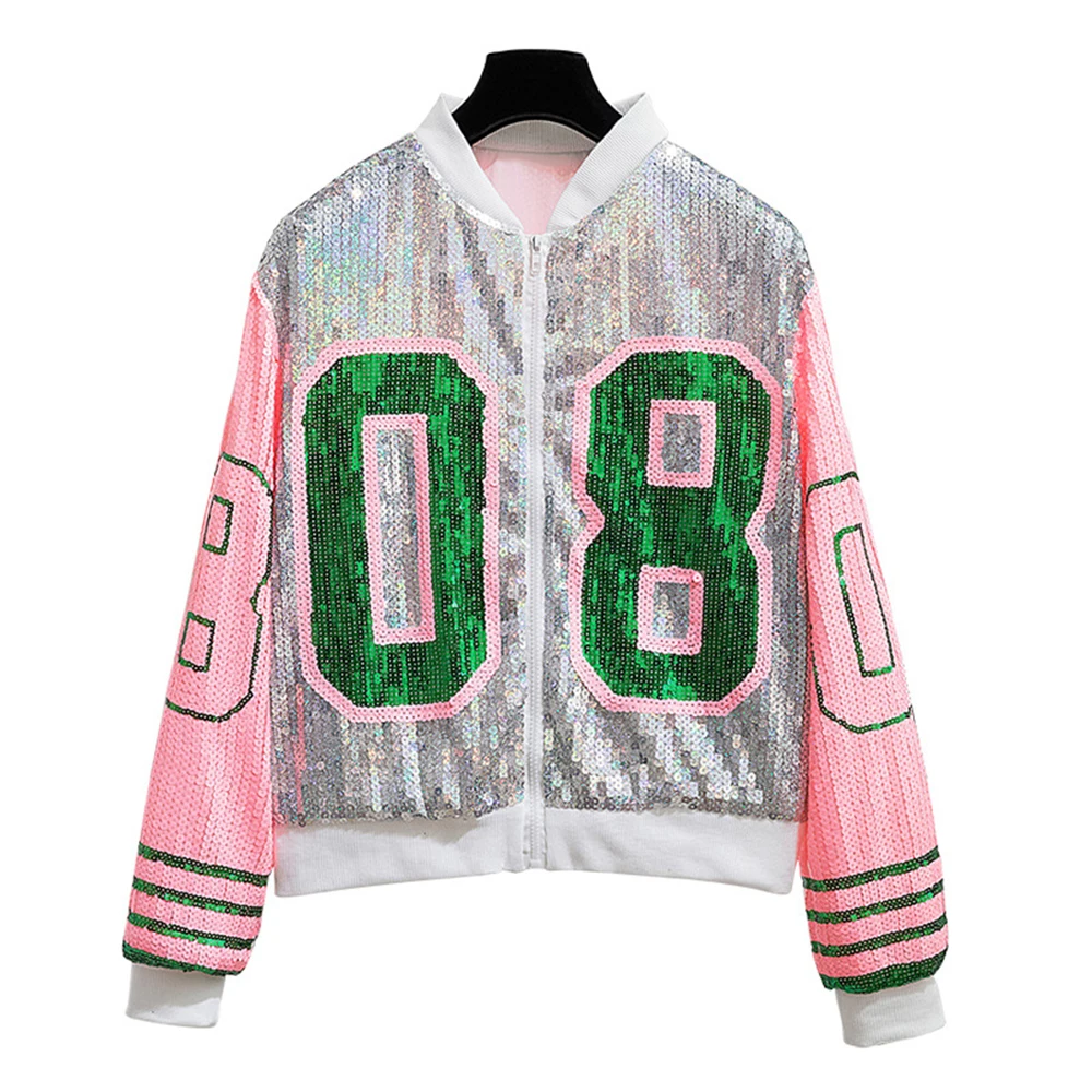 Long O-neck pink green 08 social event sequin flash club jacket