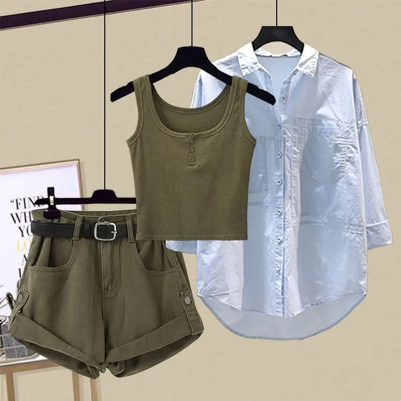 Spring/Summer Korean Edition New Versatile Sunscreen Shirt with Inner Strap Tank Top High Waist Slim Denim Shorts Set