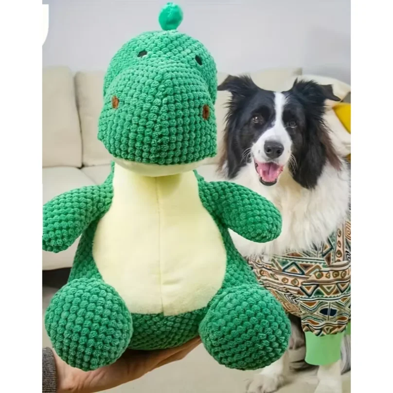 Green, Durable, Chewable Plush Dinosaur Dog Toy with Squeaks - An Interactive Pet Toy Suitable for Medium-Sized Dogs.