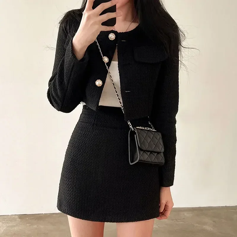 Abrini Women Outfits Tweed 2 Two Piece Sets Long Sleeve Pearl Buttons Short Jacket and A-line Mini Skirt Set Fall Spring 2024