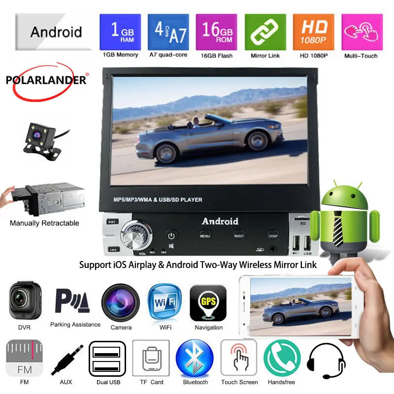 

Car Radio 1 Din Android FM SD Card U Disk Full Touch Mobile Phone Cast HD Bluetooth GPS Navigation 7 Inch Telescopic Screen