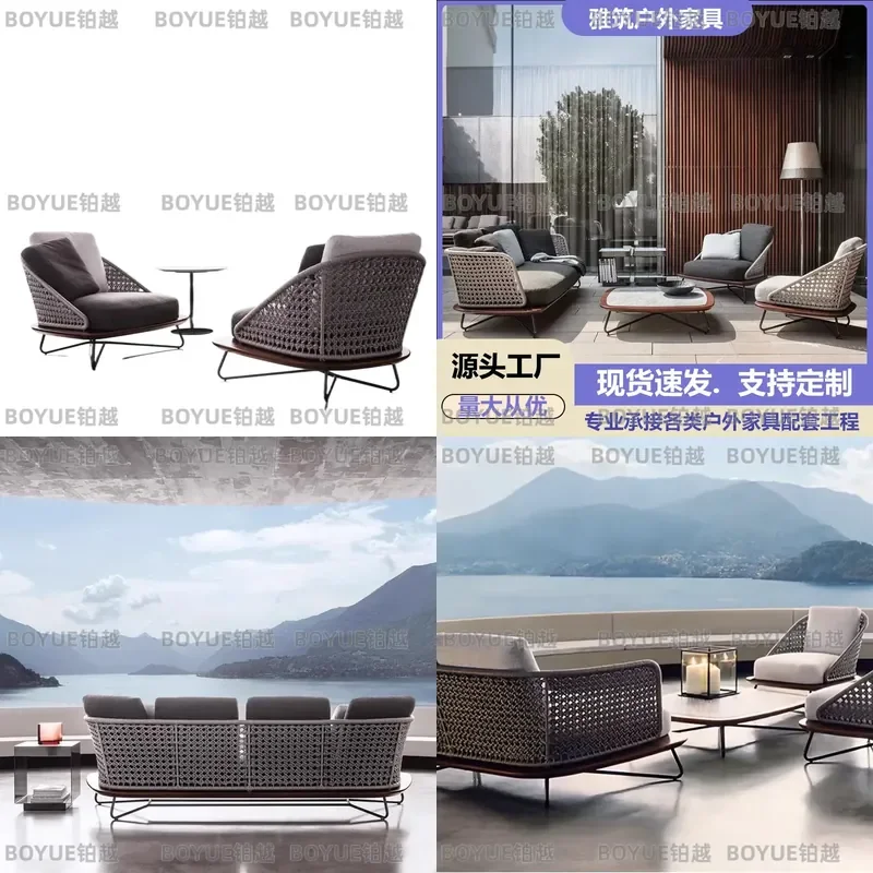 Nordic Outdoor Rattan Sofa Set Teak Wood Patio Furniture Waterproof Garden Courtyard Villa Terrace Leisure Seating