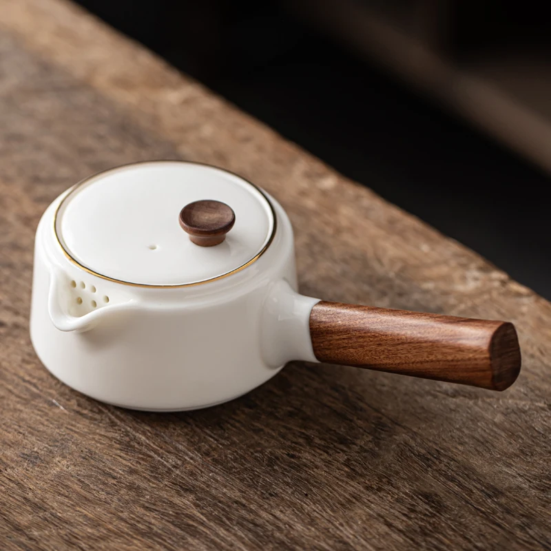 

Ceramic Teapot with Wood Handle White Porcelain Handmade Kongfu Tea Set Chinese Style Kettle