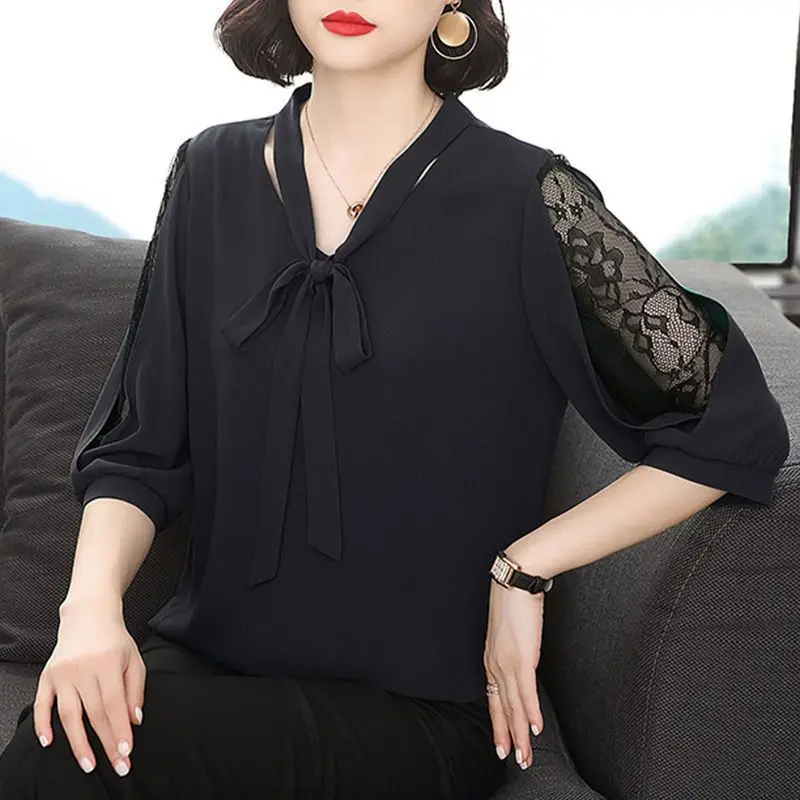 Sexy Lace Patchwork Elegant V Neck Bow Solid Loose Fashion Ladies Tops Blouses New Spring Summer Simple Casual 3/4 Sleeve Shirts