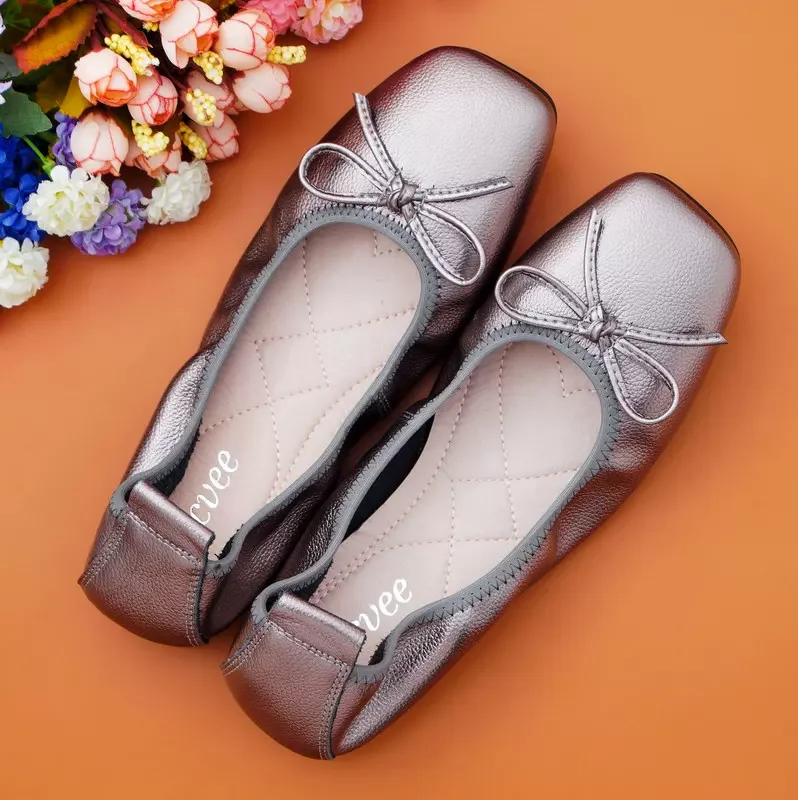 

Genuine leather Square Head Loose Ballet Flats Luxury Brand Women's Casual Flat Shoes Bowknots Slip-on Boat Shoes Loafer
