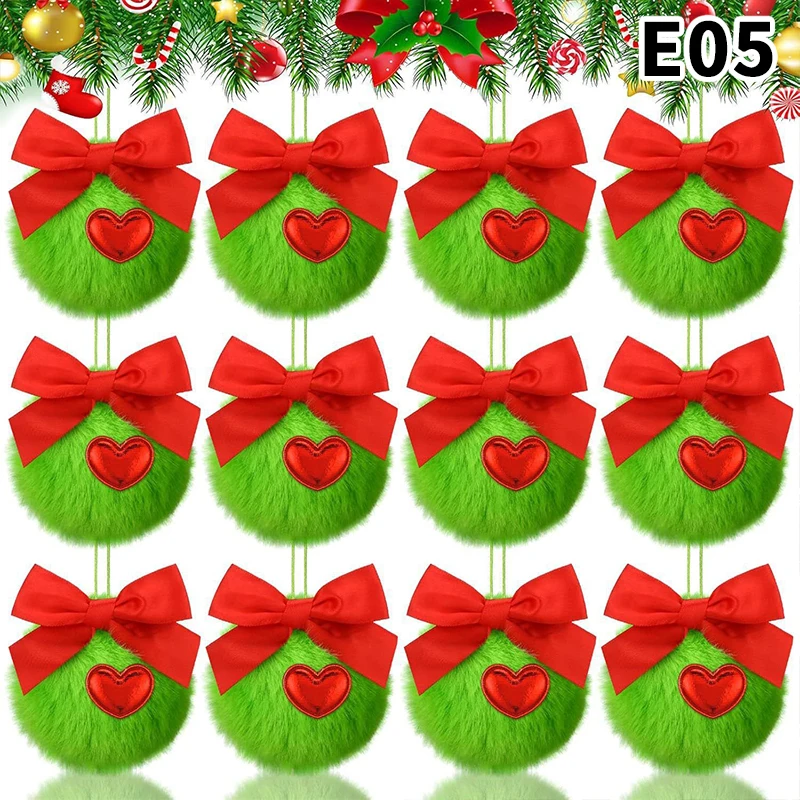 12 Pcs Green Furry Christmas Ball Ornaments Plush Ball Bowknot Christmas Tree Hanging Decorations New Year Christmas Party Decor