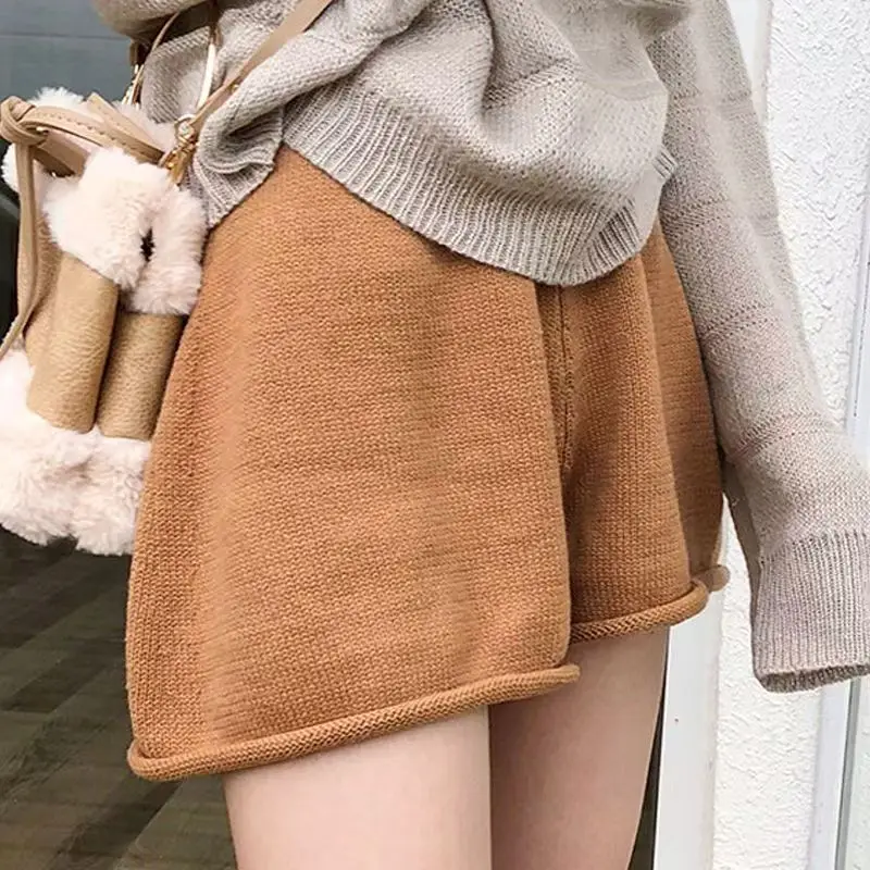 Short tricoté pour femme, ample, élastique, taille haute, avec poches, noir, blanc, gris, automne et hiver