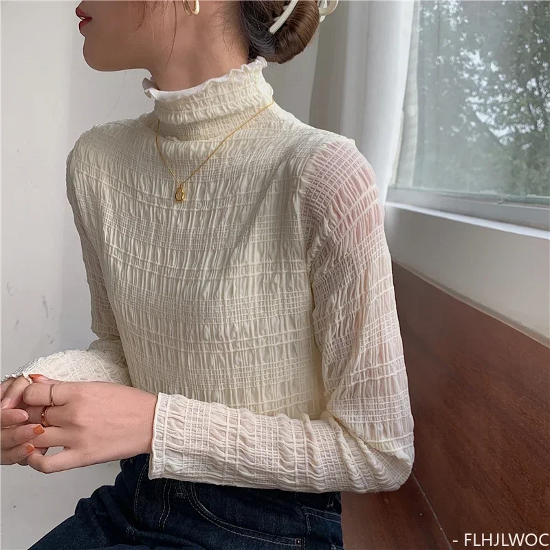 

Winter Warm Velvet Basic Shirts Long Sleeve New Design Korea Japan Style Retro Vintage Women Chic White Lace Turtleneck Tops