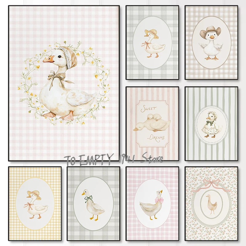 Silly Little Goose Nursery Duck Gingham Farm Animal Goose Duck Baby Poster Canvas Painting Wall Pictures Home Nursery Room De