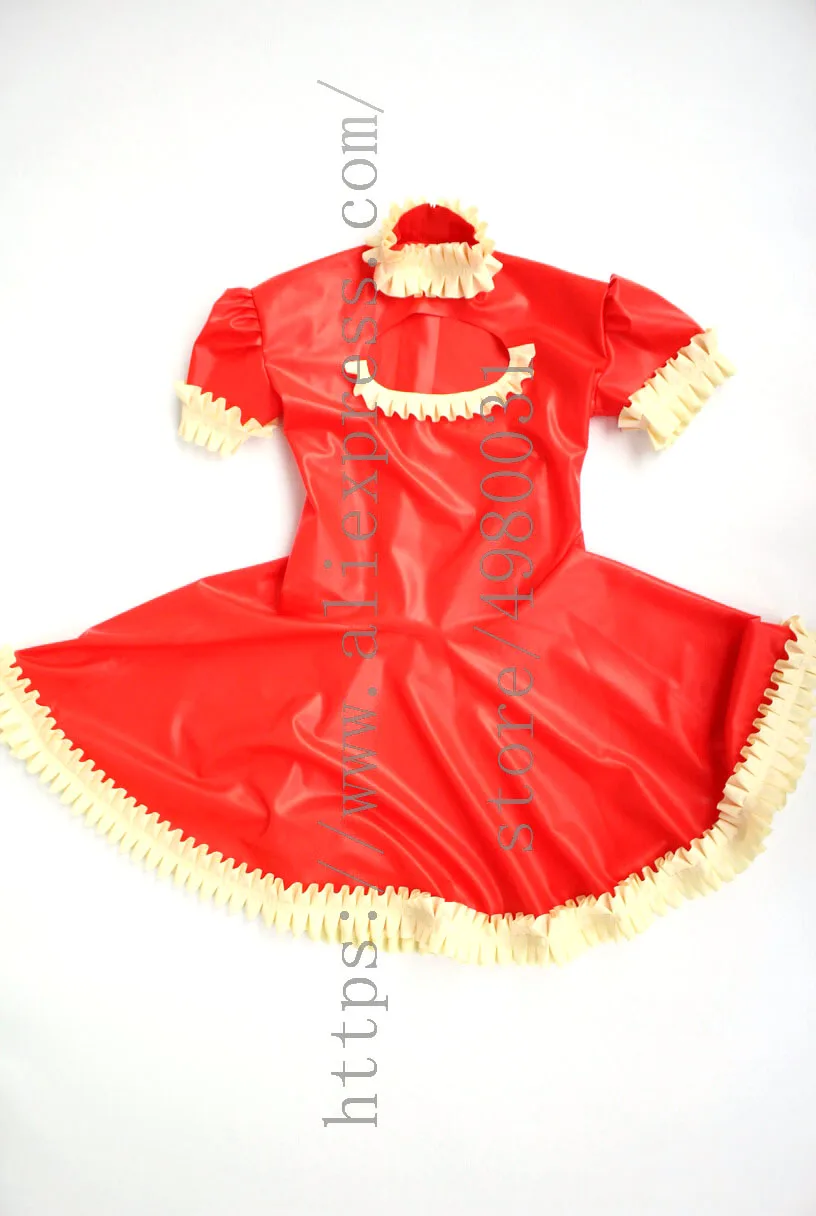 

Novelty red uniform latex maid dress women's latex dress with apron and back hidden zipper