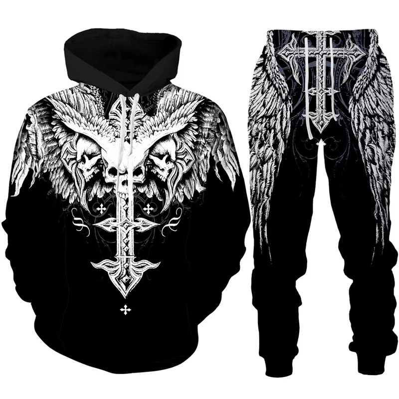 

Men Hoodie Tracksuit Gothic Skull Tattoo 3D Printed Fashion Men's Motorcycle Biker Sportswear Set Cool Graphic Hoodie Pants Set